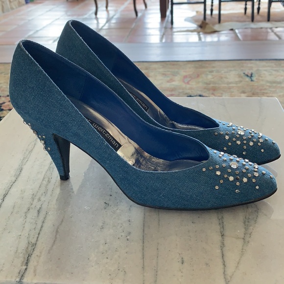 Denim Stuart Weitzman Rhinestone Pumps 8 Narrow - Picture 2 of 10